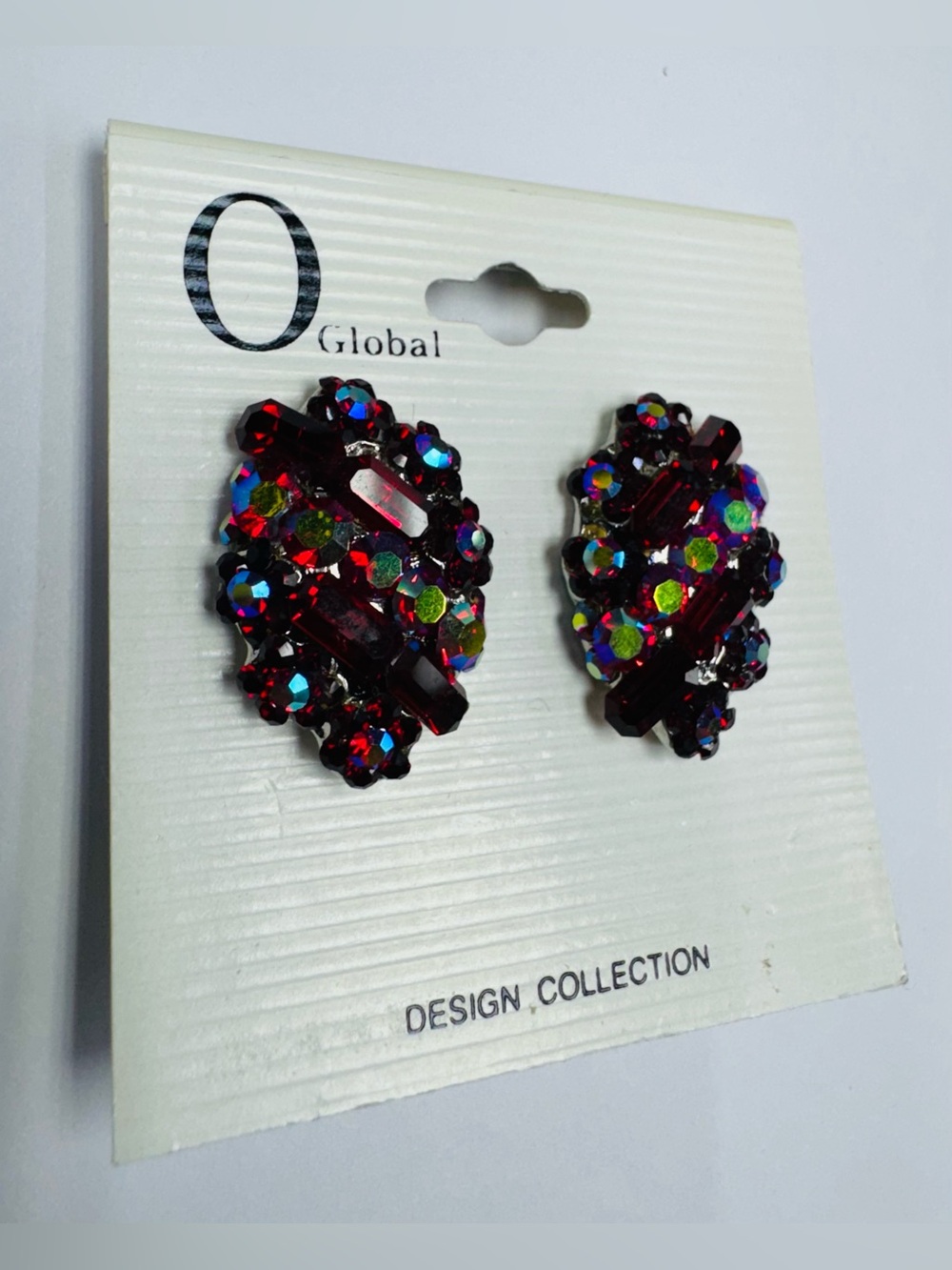 Vintage 90s O Global Design Collection Rhinestone Clip On Earrings Red Multi